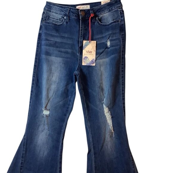 NWT YMI Jeans Gigi High Rise Fit To Twisted Flare Frayed Blue Womens Size 9/29 - Picture 2 of 10